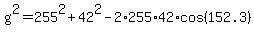 g%5E2+=+255%5E2+%2B+42%5E2+-+2%2A255%2A42%2Acos%28152.3%29