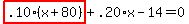 highlight_red%28+.10%2A%28x%2B80%29+%29%2B.20%2Ax-14=0