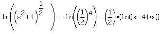 ln%28%28x%5E2+%2B1%29%5E%281%2F2%29%29-ln%28%281%2F2%29%5E4%29-%281%2F2%29%28ln%28%28x-4%29x%29%29