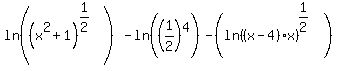 ln%28%28x%5E2+%2B1%29%5E%281%2F2%29%29-ln%28%281%2F2%29%5E4%29-%28ln%28%28x-4%29x%29%5E%281%2F2%29%29