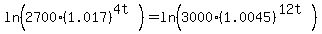 ln%282700%281.017%29%5E%284t%29%29=ln%283000%281.0045%29%5E%2812t%29%29