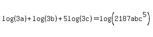log%28%283a%29%29%2Blog%28%283b%29%29%2B5log%28%283c%29%29=log%28%282187abc%5E5%29%29