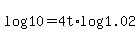 log(10) = 4t*log(1.02)