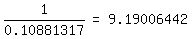 matrix(1,3,1/0.10881317,'=' ,9.19006442)