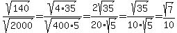 sqrt%28140%29%2Fsqrt%282000%29=sqrt%284%2A35%29%2Fsqrt%28400%2A5%29=2sqrt%2835%29%2F20sqrt%285%29=sqrt%2835%29%2F10sqrt%285%29=sqrt%287%29%2F10