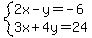 system(2x-y=-6,3x+4y=24)