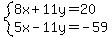 system%288x%2B11y=20%2C5x-11y=-59%29
