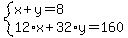 system%28x+%2B++++y+=+8%2C%0D%0A+++++++12%2Ax+%2B+32%2Ay+=+160%0D%0A%29