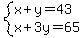 system%28x+%2B+y+=+43%2C+x+%2B+3y+=+65%29