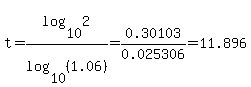 t+=+log%2810%2C2%29%2Flog%2810%2C%281.06%29%29+=+0.30103%2F0.025306+=+11.896