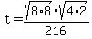 t+=+sqrt%288%2A8%29+%2A+sqrt%284%2A2%29+%2F+216