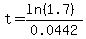 t+=+%28ln%281.7%29%29%2F0.0442