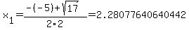 x%5B1%5D+=+%28-%28-5%29%2Bsqrt%28+17+%29%29%2F2%5C2+=+2.28077640640442