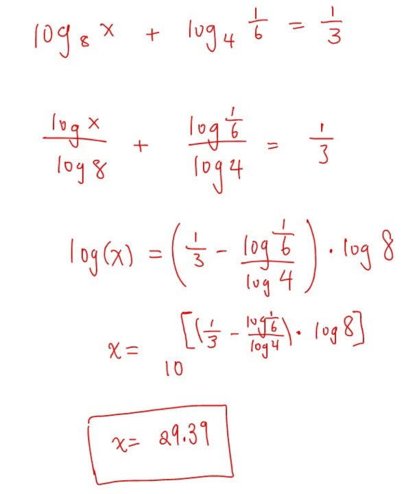 SOLUTION: Solve logxbase8 + log(1/6)base4 = 1/3