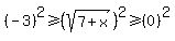 %28-3%29%5E2%3E=%28sqrt%287%2Bx%29%29%5E2%3E=%280%29%5E2