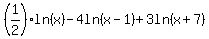 %281%2F2%29ln%28x%29-4ln%28x-1%29%2B3ln%28x%2B7%29