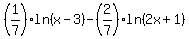 %281%2F7%29ln%28x-3%29-%282%2F7%29ln%282x%2B1%29