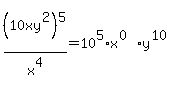 %2810xy%5E2%29%5E5+%2Fx%5E4=10%5E5%2Ax%5E%280%29%2Ay%5E%2810%29