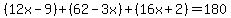 %2812x-9%29%2B%2862-3x%29%2B%2816x%2B2%29=180