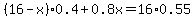 %2816-x%29%2A0.4%2B0.8x=16%2A0.55