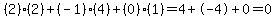 %282%29%2A%282%29%2B%28-1%29%2A%284%29%2B%280%29%2A%281%29=4%2B-4%2B0=0