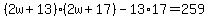%282w%2B13%29%282w%2B17%29-13%2A17=259