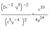 %282x%5E%28-2%29y%5E3%29%5E%28+-2%29%2F%28x%5E3y%5E%28+-4%29%29%5E2=x%5E10%2F%284y%5E14%29