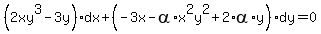 %282xy%5E3++-++3y%29dx++%2B++%28-3x+-+alpha%2Ax%5E2y%5E2++%2B++2%2Aalpha%2Ay%29dy+=+0