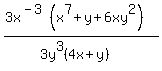 %283x%5E%28-3%29%28x%5E7%2By%2B6xy%5E2%29%29%2F%283y%5E3%284x%2By%29%29