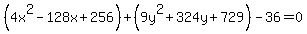 %284x%5E2-128x%2B256%29%2B%289y%5E2%2B324y%2B729%29-36=0