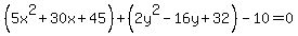 %285x%5E2%2B30x%2B45%29%2B%282y%5E2-16y%2B32%29-10=0