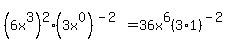 %286x%5E3%29%5E2%283x%5E0%29%5E%28-2%29=36x%5E6%283%2A1%29%5E%28-2%29