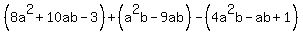 %288a%5E2%2B10ab-3%29+%2B+%28a%5E2b-9ab%29-+%284a%5E2b-ab%2B1%29