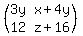 \"%28matrix%282%2C2%2C3y%2Cx%2B4y%2C12%2Cz%2B16%29%29\"