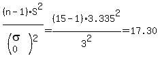 %28n-1%29%2AS%5E2%2F%28sigma%5B0%5D%29%5E2=%2815-1%29%2A3.335%5E2%2F3%5E2=17.30