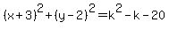 %28x%2B3%29%5E2%2B%28y-2%29%5E2=k%5E2-k-20