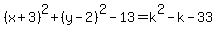 %28x%2B3%29%5E2%2B%28y-2%29%5E2-13=k%5E2-k-33