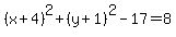 %28x%2B4%29%5E2%2B%28y%2B1%29%5E2-17=8