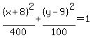 %28x%2B8%29%5E2%2F400%2B%28y-9%29%5E2%2F100=1