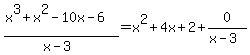 %28x%5E3%2Bx%5E2-10x-6%29%2F%28x-3%29=x%5E2%2B4x%2B2%2B0%2F%28x-3%29