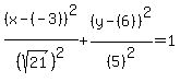 %28x-%28-3%29%29%5E2%2F%28sqrt%2821%29%29%5E2%2B%28y-%286%29%29%5E2%2F%285%29%5E2=1