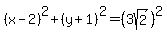 %28x-2%29%5E2%2B%28y%2B1%29%5E2=%283sqrt%282%29%29%5E2