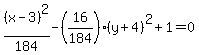%28x-3%29%5E2%2F184-%2816%2F184%29%28y%2B4%29%5E2%2B1=0