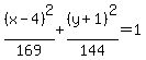 %28x-4%29%5E2%2F169%2B%28y%2B1%29%5E2%2F144=1