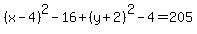 %28x-4%29%5E2-16%2B%28y%2B2%29%5E2-4=205