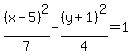 %28x-5%29%5E2%2F7-%28y%2B1%29%5E2%2F4=1