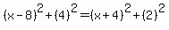 %28x-8%29%5E2%2B%284%29%5E2=%28x%2B4%29%5E2%2B%282%29%5E2