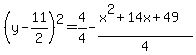 %28y-11%2F2%29%5E2++=+4%2F4+-%28x%5E2%2B14x%2B49%29%2F4