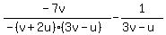 +%28-7v%29%2F%28-%28v%2B2u%29%283v-u%29%29+-+1%2F%283v-u%29+