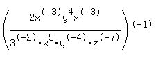 +%282x%5E-3y%5E4x%5E-3+%2F+3%5E-2x%5E5y%5E-4z%5E-7%29%5E-1+